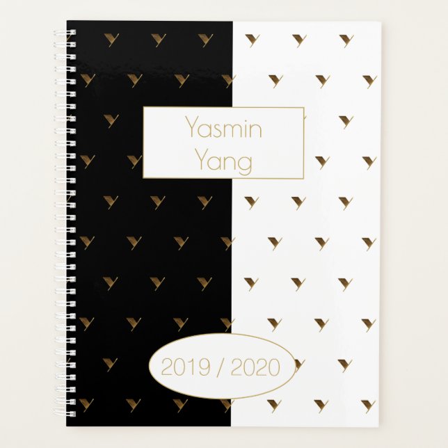 Custom Year 2019 2020 Black White Gold Monogram Y Planner (Front)
