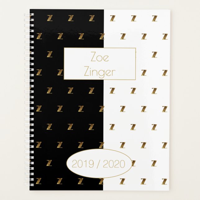 Custom Year 2019 2020 Black White Gold Monogram Z Planner (Front)