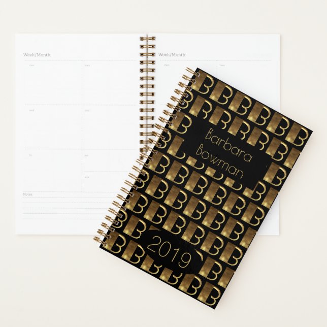 Custom Year 2019 Black Gold Monogram B Elegant Planner (Display)