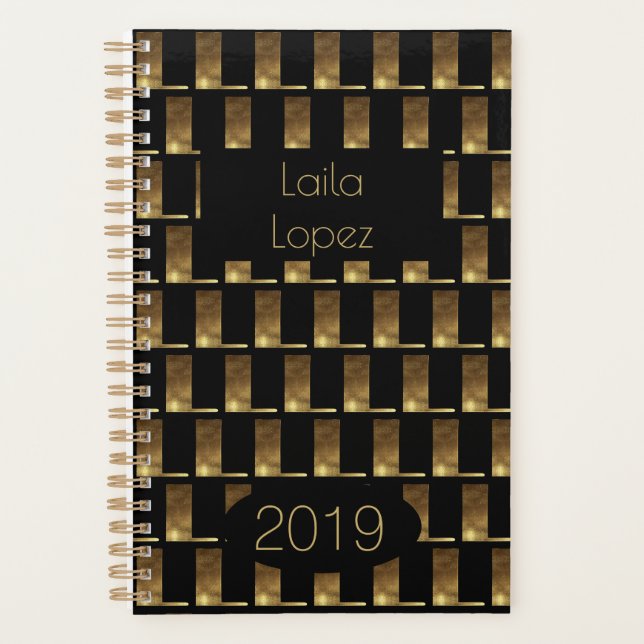Custom Year 2019 Black Gold Monogram L Elegant Planner (Front)