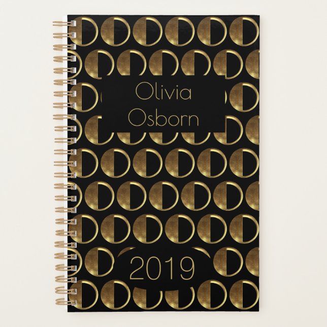 Custom Year 2019 Black Gold Monogram O Elegant Planner (Front)