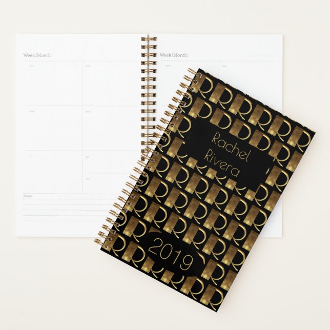 Custom Year 2019 Black Gold Monogram R Elegant Planner (Display)