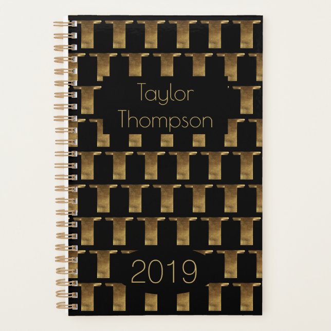 Custom Year 2019 Black Gold Monogram T Elegant Planner (Front)