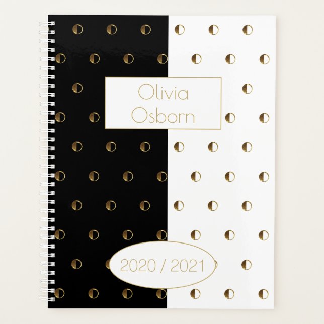 Custom Year 2020 2021 Black White Gold Monogram O Planner (Front)