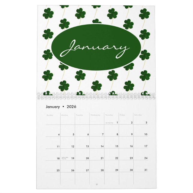 Custom Year 2024 Irish Shamrock Pattern Clovers Calendar (Jan 2026)
