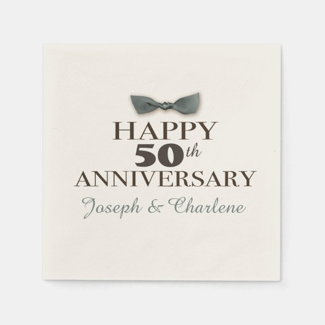 Custom Year | Antique Happy Anniversary Slate/Brn Napkin (Front)