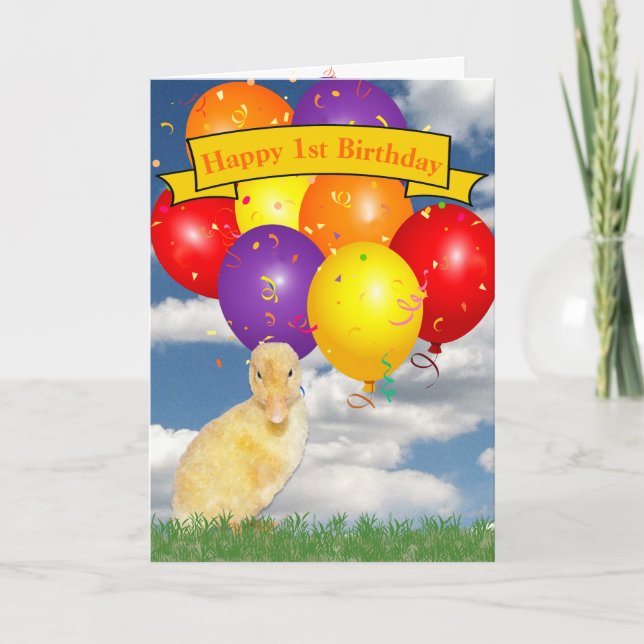 Custom Year Birthday Duckling Colorful Balloons Card (Front)