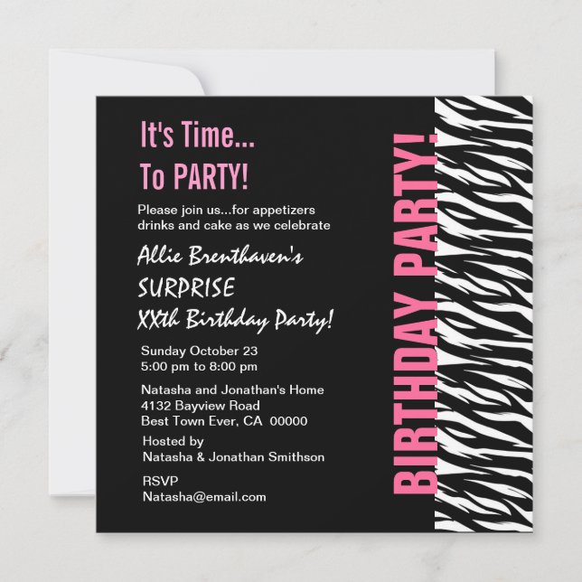 Custom Year Birthday Pink and Black  Zebra V055 Invitation (Front)