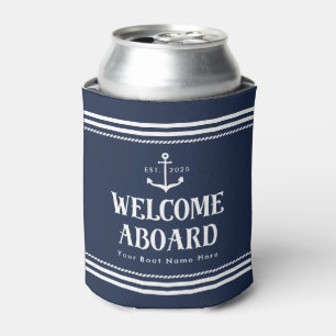Custom Year Boat Name Navy Blue Welcome Aboard Can Cooler