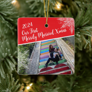 Custom Year Our First Merrily Married Xmas Photo Ceramic Ornament
