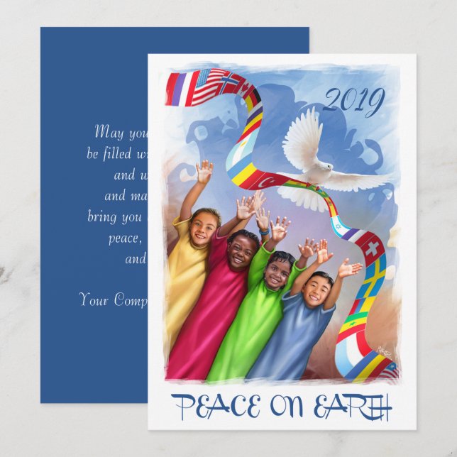 Custom Year | Peace on Earth | Multicultural Kids  Holiday Card (Front/Back)