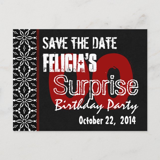 Custom Year Save the Date Surprise Black Red V24 Announcement Postcard (Front)