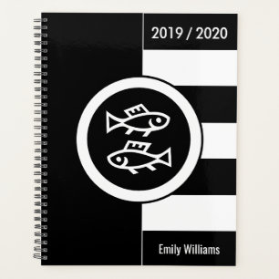 Custom Year Zodiac Sign Pisces Black and White Planner