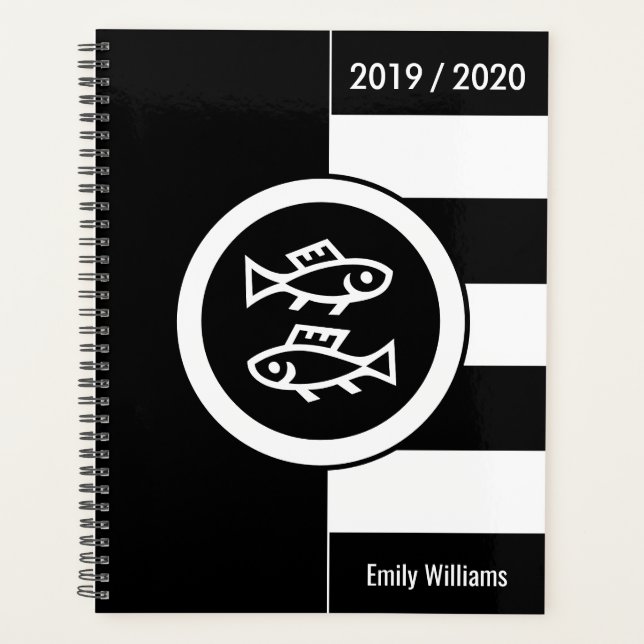 Custom Year Zodiac Sign Pisces Black and White Planner (Front)