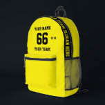 Custom yellow black Name, Number, Team Sport Printed Backpack<br><div class="desc">Create your own custom yellow black Sport Football Style Printed Backpack with Name, Number, Team Name, Slogan and Year. Personalize this simple classic Printed Backpack template with your custom message, name, team name and year. Easily personalize it for a cool sport keepsake. Create your unique personalized gift for coach, girl's...</div>