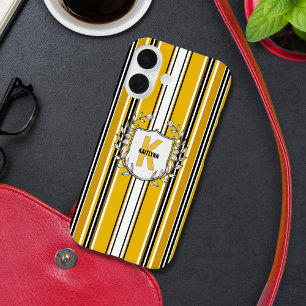 Custom Yellow Black Stripes Monogram iPhone 16 Case