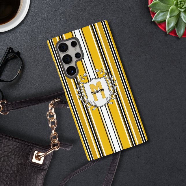Custom Yellow Black Stripes Monogram Samsung Galaxy S22 Ultra Case (Creator Uploaded)