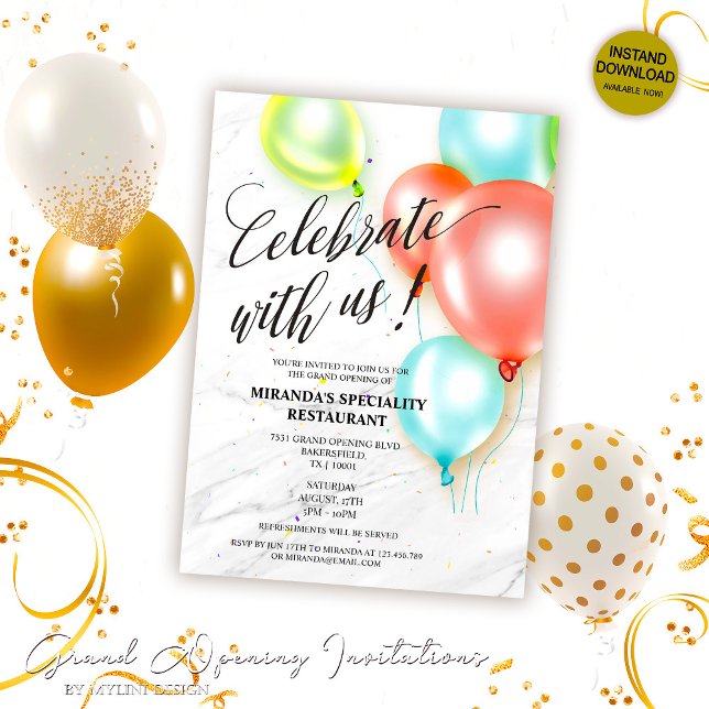 Custom Yellow Blue Red Balloons Grand Opening Invitation (Creator Uploaded)