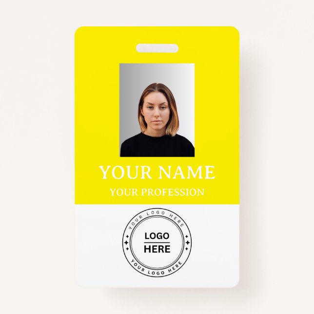 Custom yellow Employee Badge with Photo, Logo, QR (Front)