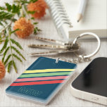 Custom Yellow Green Coral Red Stripes On Dark Blue Keychain<br><div class="desc">Colourful contemporary retro diagonal red, coral pink, yellow, and light green stripes pattern design on a dark blue coloured background. With the option to customize or personalize with a name, monogram, or initials of your choice. Beautiful, modern and cool cover for the trend-savvy and art-loving hip trendsetter, vintage retro look...</div>