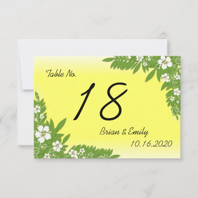 Custom yellow hibiscus wedding table cards (Front)