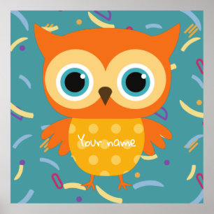Custom yellow owl blue pattern vintage nursery poster