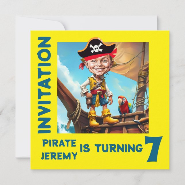 Custom Yellow Pirate 7th Birthday Boy Caricature  Invitation (Front)