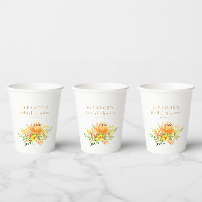 Custom Yellow Watercolor Floral Bridal Shower  Paper Cups (Multi)