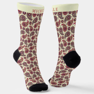 Custom Yellow White Brown Red Paisley Pattern Socks