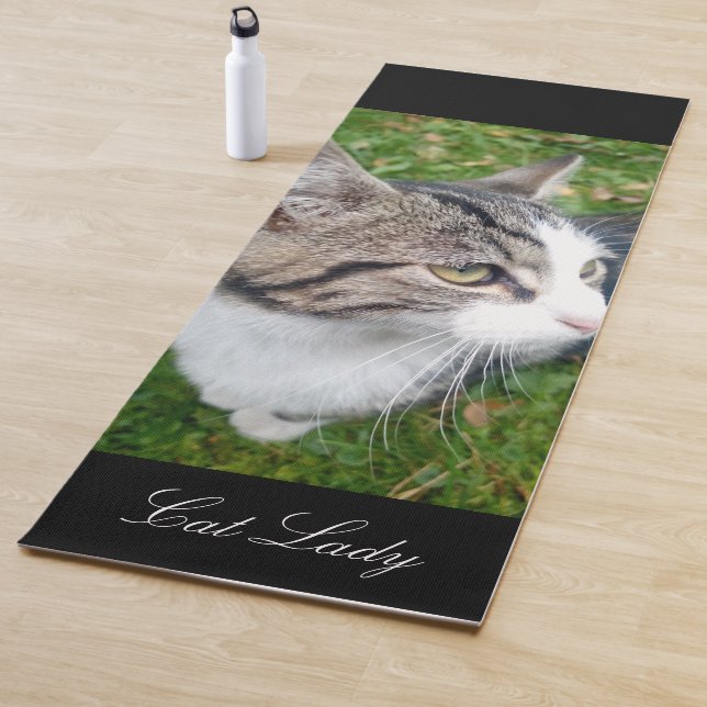Custom yoga mat with cute cat photo and name (In Situ)