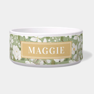 Custom Your Dog Name Green Floral Ceramic Pet Bowl