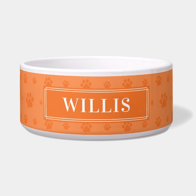 Custom Your Dog Name Orange Paws Ceramic Pet Bowl (Front)