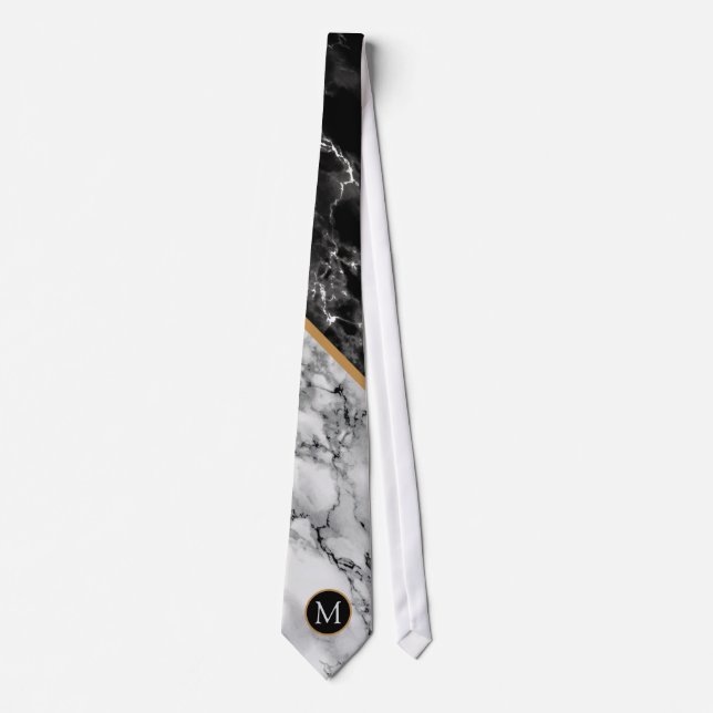 Custom Your Letter Black and White Marble Neck Tie (Front)