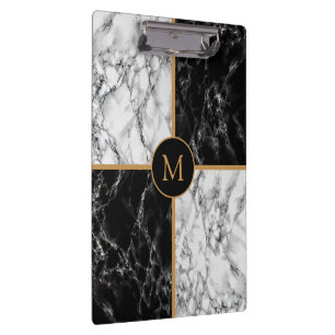Custom Your Letter Black White Marble Clipboard
