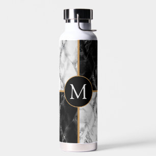 Custom Your Letter Water Bottle Black White Marble