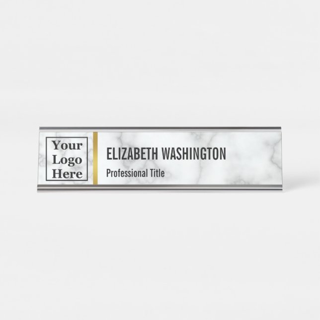 Custom Your Logo Here on Elegant Faux White Marble Desk Name Plate (Front)