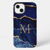 Custom Your Name Agate Navy Blue Gold Marble