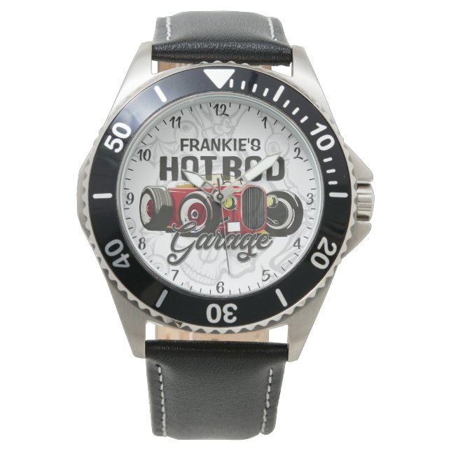 Custom YOUR NAME Hot Rod Garage Personalized Car Watch (Front)