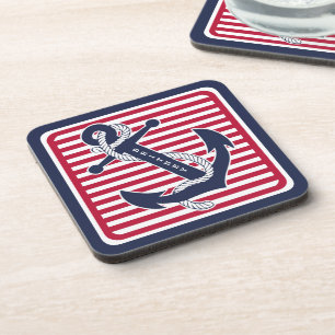 Custom Your Name Retro Boat Anchor Stripes Pattern Coaster
