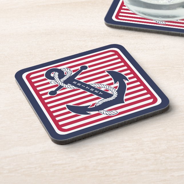 Custom Your Name Retro Boat Anchor Stripes Pattern Coaster (Left Side)