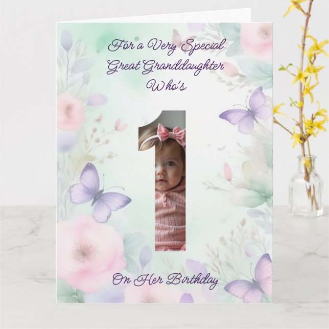 Custom Your Own Photo 1-Year Girl's Birthday Card (Yellow Flower)