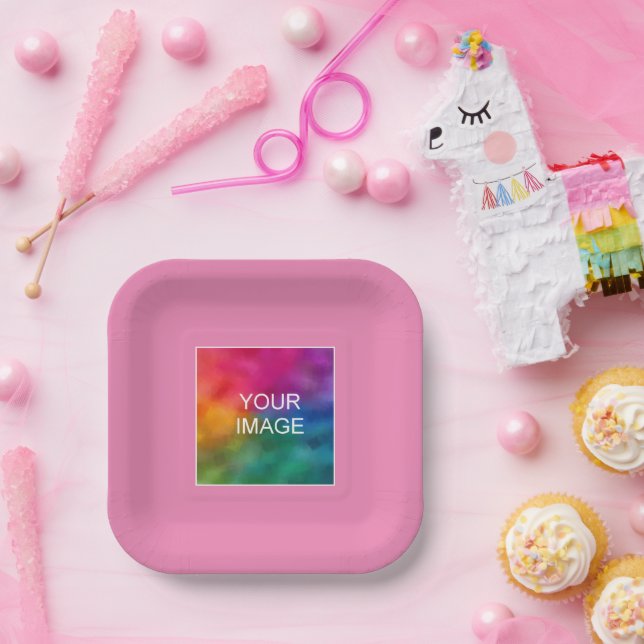 Custom Your Photo Image Or Logo Here Pink Square Paper Plate (Party)