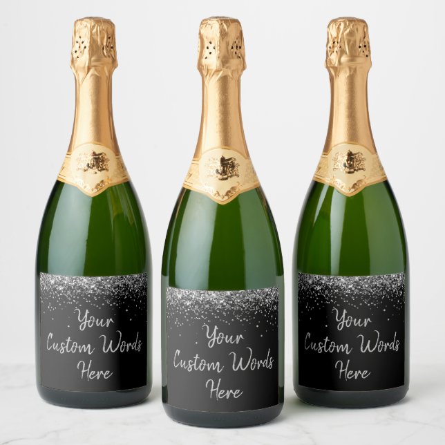 Custom Your Text Here Personalized Black & Silver Sparkling Wine Label (Bottles)