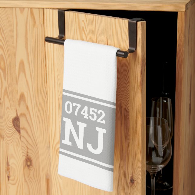 Custom Zip Code & State Housewarming Gift Grey Kitchen Towel (Thirds Fold)