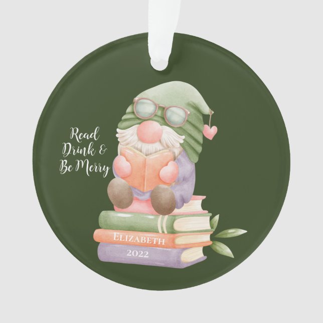 Custome Cute Gnome Reading Book Monogrammed  Ornament (Front)
