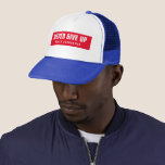 Customer Never Give Up Never Surrender Text Trucker Hat<br><div class="desc">Customer Text Modern Elegant Template Sport Fitness Womens Mens Unisex Never Give Up Never Surrender Red White Blue Baseball & Trucker Hats / Caps.</div>