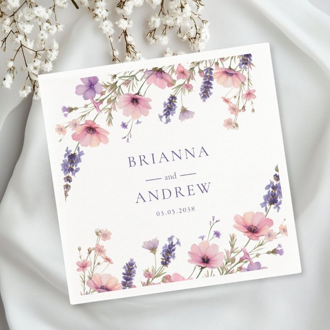 Customer specific Floral Wedding  Napkin (Personalized Customer specific Floral, Pink + Purple  Wedding Napkins with your name and date.)