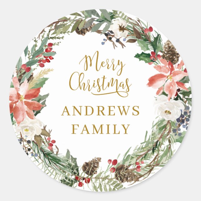 Customer specific Merry Christmas! Wreath Classic Round Sticker (Front)