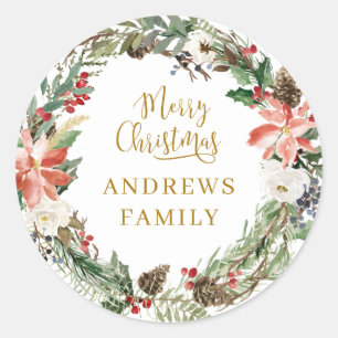 Customer specific Merry Christmas! Wreath Classic Round Sticker