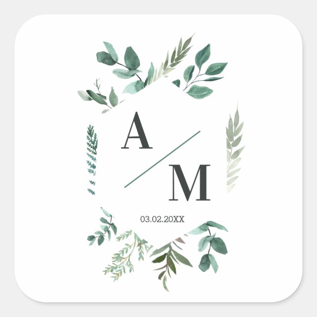 Customer-specific Monogram Leafy  Square Sticker (Front)